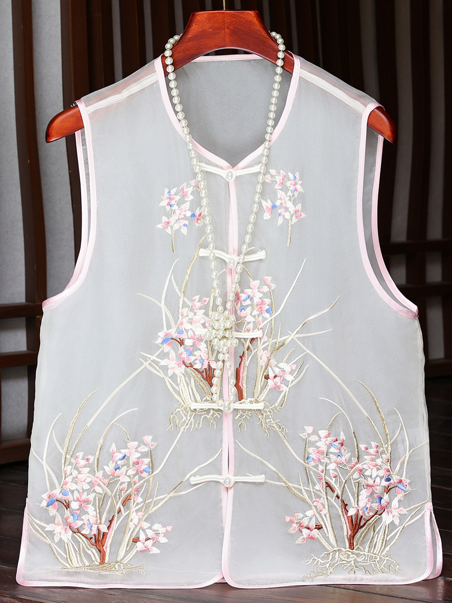NEW CHINESE VEST WOMENS 2024 NEW SUMMER MULBERRY SILK HIGH-END BUCKLE EMBROIDERY IMPROVED HANFU OUTER TOP