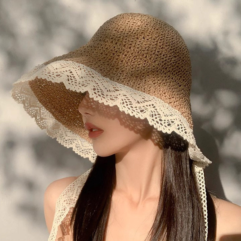 法式蕾丝花边遮阳草帽女夏季大帽檐飘带渔夫帽海边可折叠遮阳帽子