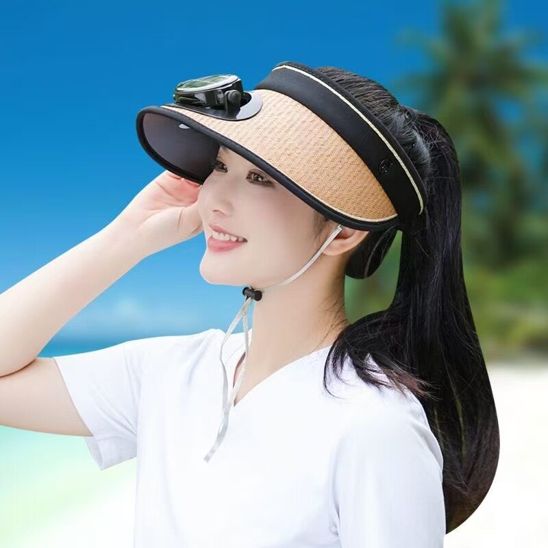 空顶防晒帽带风扇夏季无痕一体防紫外线遮阳帽跑步运动太阳帽子