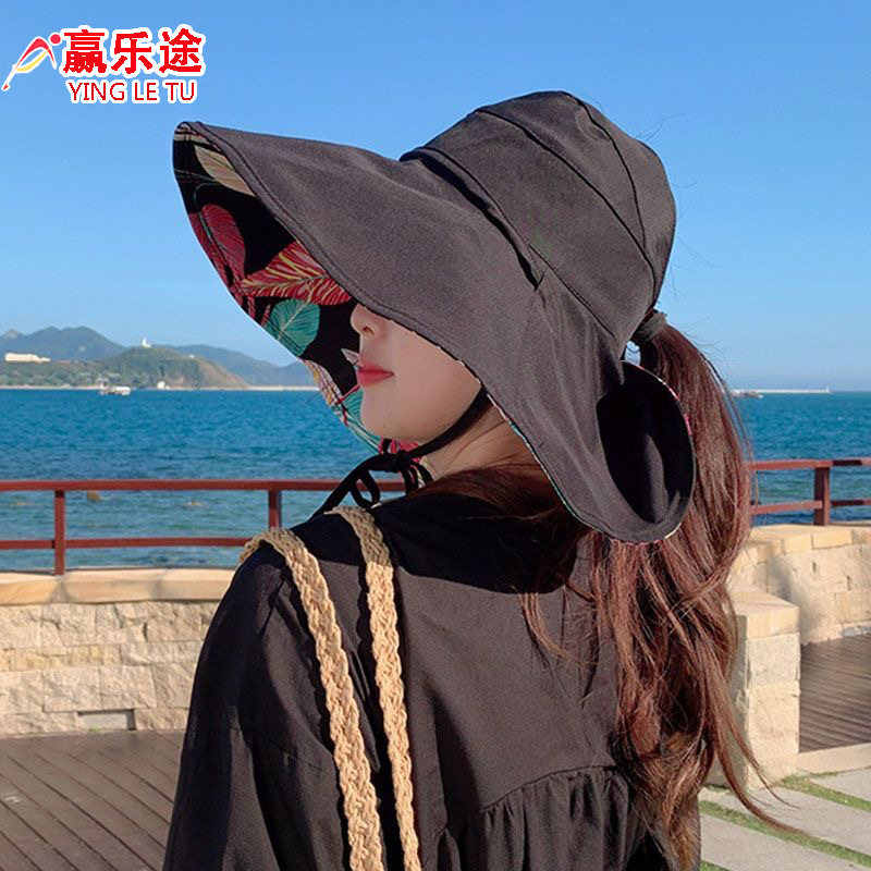 夏季时尚百搭潮款海边宽檐遮阳空顶帽双面印花防紫外线遮脸渔夫帽