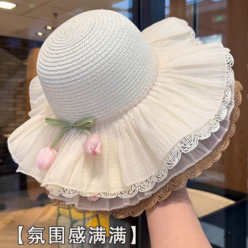 法式郁金香蕾丝边草帽女夏季度假风海边遮阳防晒帽大帽檐太阳帽子