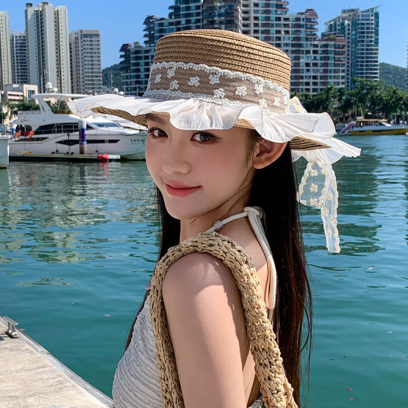 甜美可爱蕾丝蝴蝶结飘带平顶草帽夏天帽子女款海边沙滩防晒太阳帽