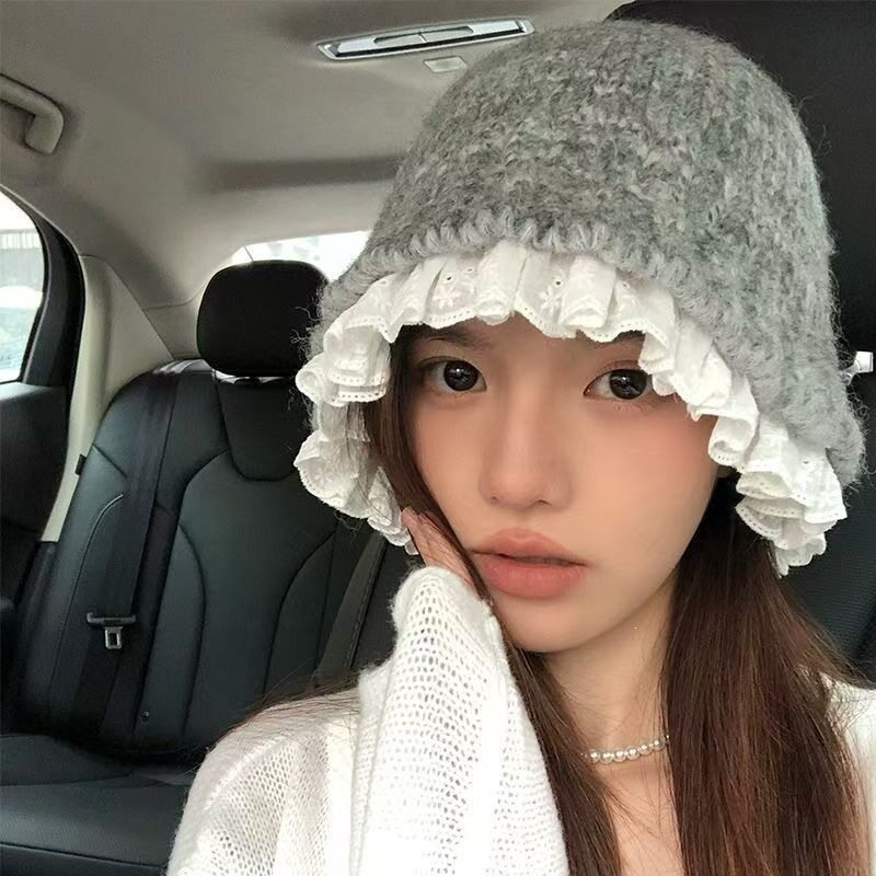 保暖盆帽女毛线小显脸百搭蕾丝花边针织甜美韩系渔夫帽子秋冬季潮