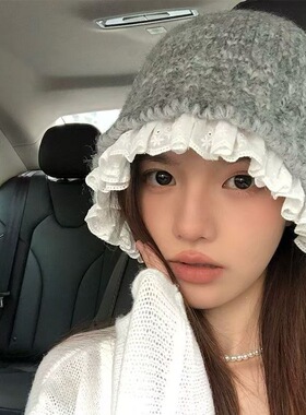 保暖盆帽女毛线小显脸百搭蕾丝花边针织甜美韩系渔夫帽子秋冬季潮