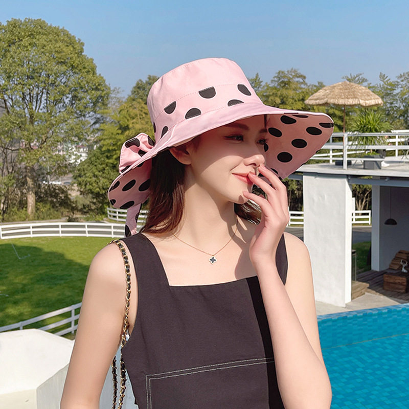 双面戴帽子女夏新款圆点蝴蝶结渔夫帽防晒遮阳日系时尚小清新盆帽