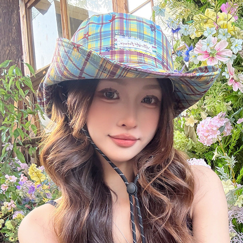 美式复古格纹渔夫帽女夏季遮阳防晒盆帽百搭显脸小星星刺绣大檐帽
