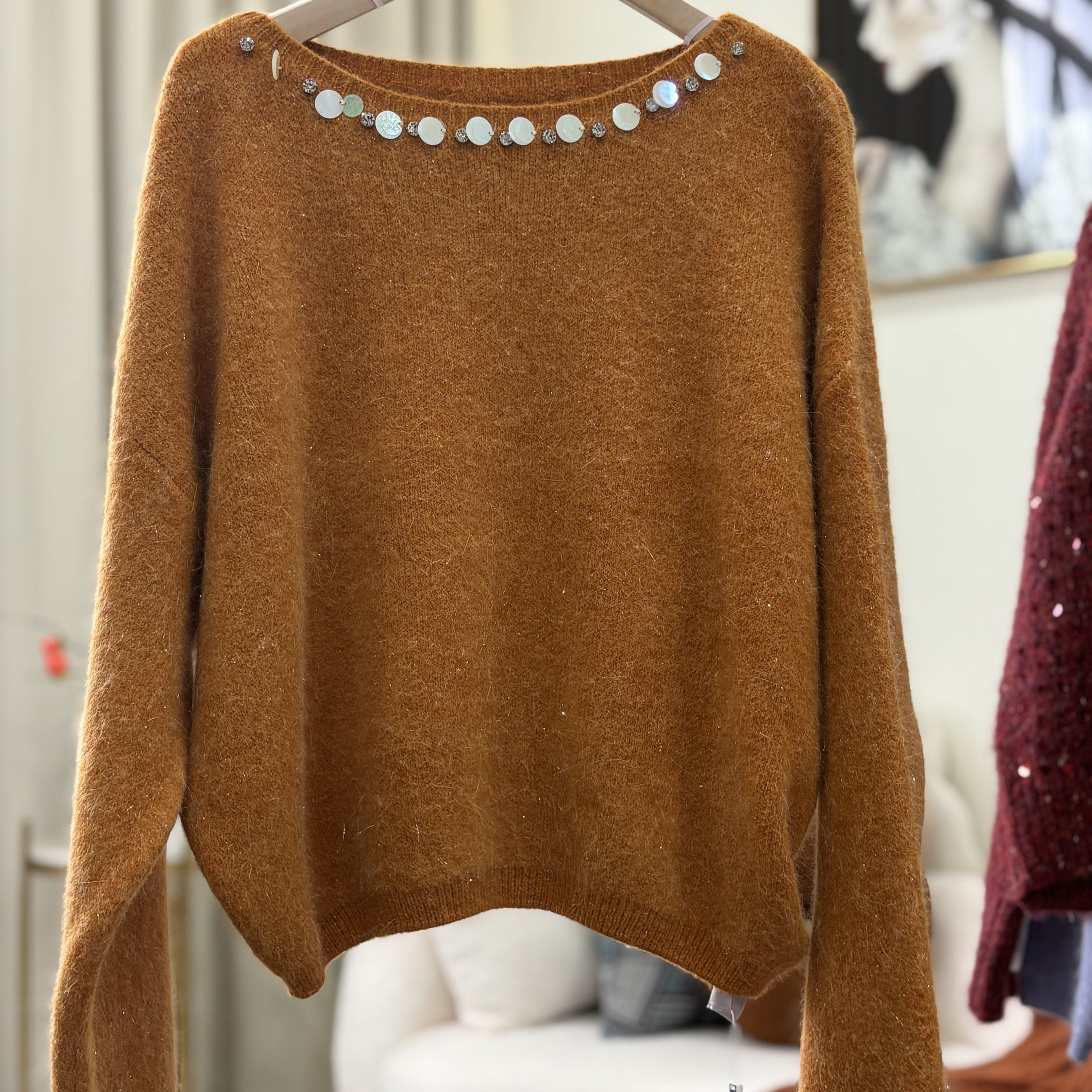 实拍南瓜色紫色亮片钉珠短款毛衣女秋冬氛围感软糯内搭外穿针织衫