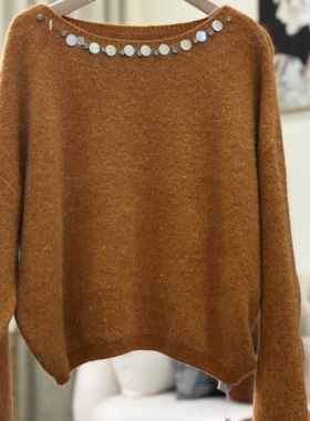 实拍南瓜色紫色亮片钉珠短款毛衣女秋冬氛围感软糯内搭外穿针织衫