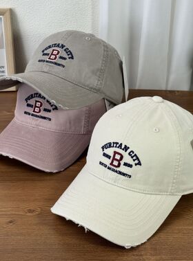 新款韩版复古做旧B字母刺绣棒球帽大头围显脸小防晒鸭舌帽男女潮