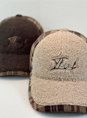 新款羊羔毛拼接格纹复古棒球帽高级感撞色保暖情侣显脸小百搭鸭舌