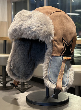 雷锋帽男女户外骑行滑雪防风飞行员帽子冬季加厚加绒PU皮质护耳帽