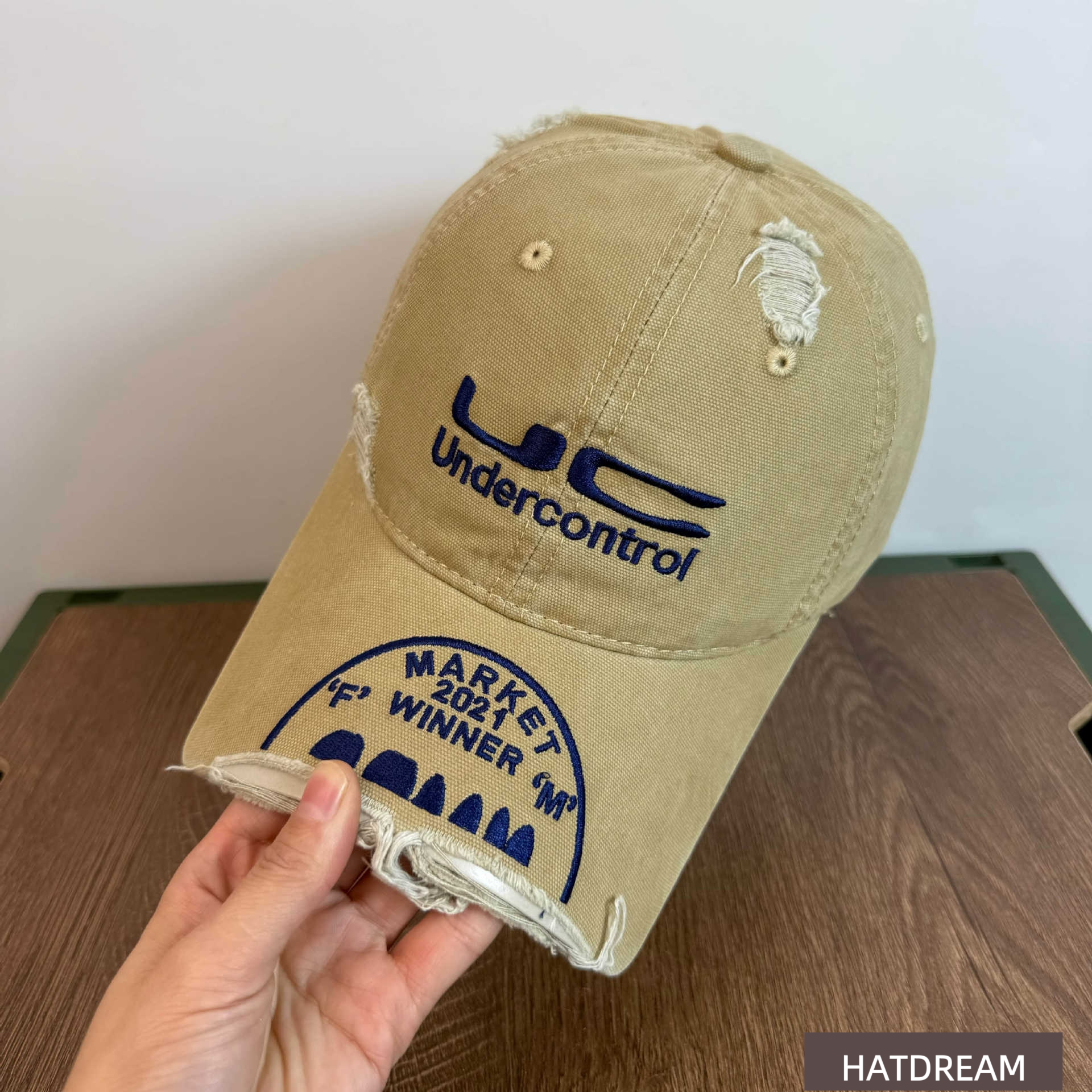 断檐设计小众做旧百搭潮流春夏棒球帽重工UC字母刺绣帽子水洗破洞