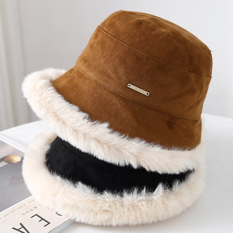 毛绒边麂皮绒时尚渔夫帽女冬季户外保暖御寒简约百搭气质小檐盆帽