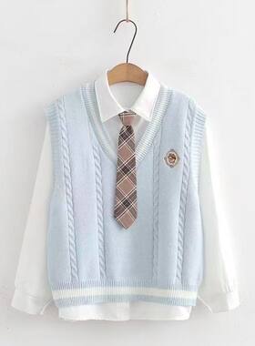 春秋穿搭一整套2026新款女学生韩版宽松学院针织马甲+衬衫两件套