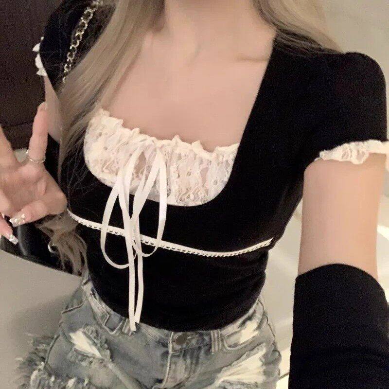 纯欲辣妹假两件黑色T恤女早春袖套蕾丝打底衫设计感内搭短款上衣