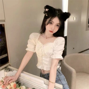 夏季韩版新款修身显瘦甜辣风设计感短款绑带短袖衬衫上衣女仙