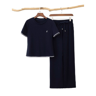 休闲运动套装夏季慵懒风格一套穿空气棉上衣配松紧腰长裤两件套女