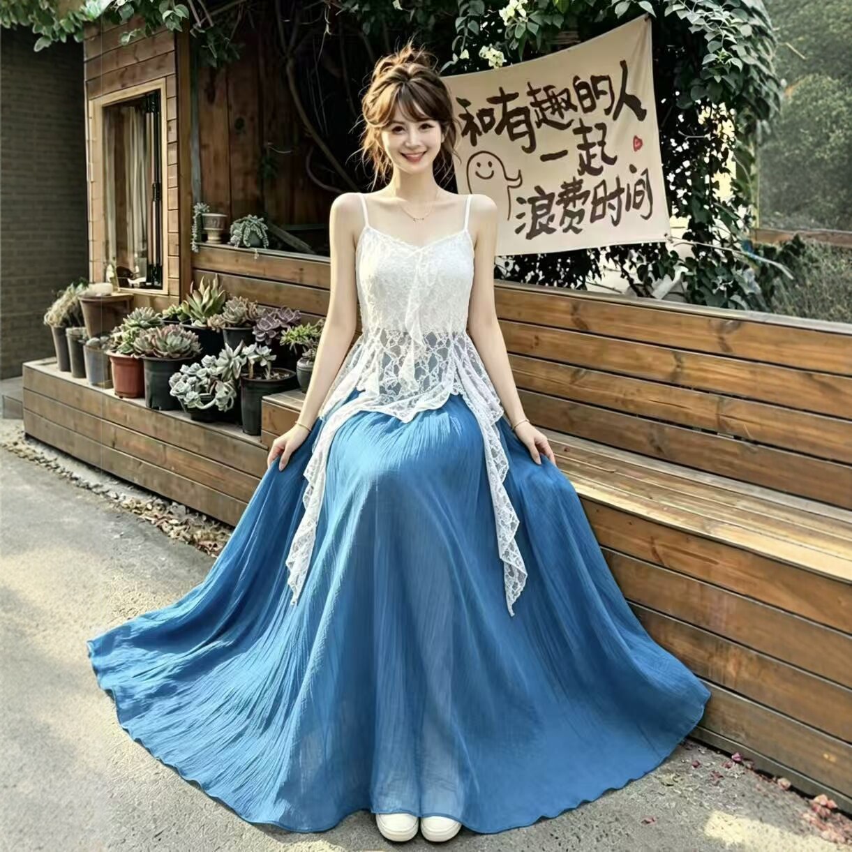蕾丝拼接吊带长裙女夏季大摆压褶连衣裙文艺气质蓝色红色黄色绿色