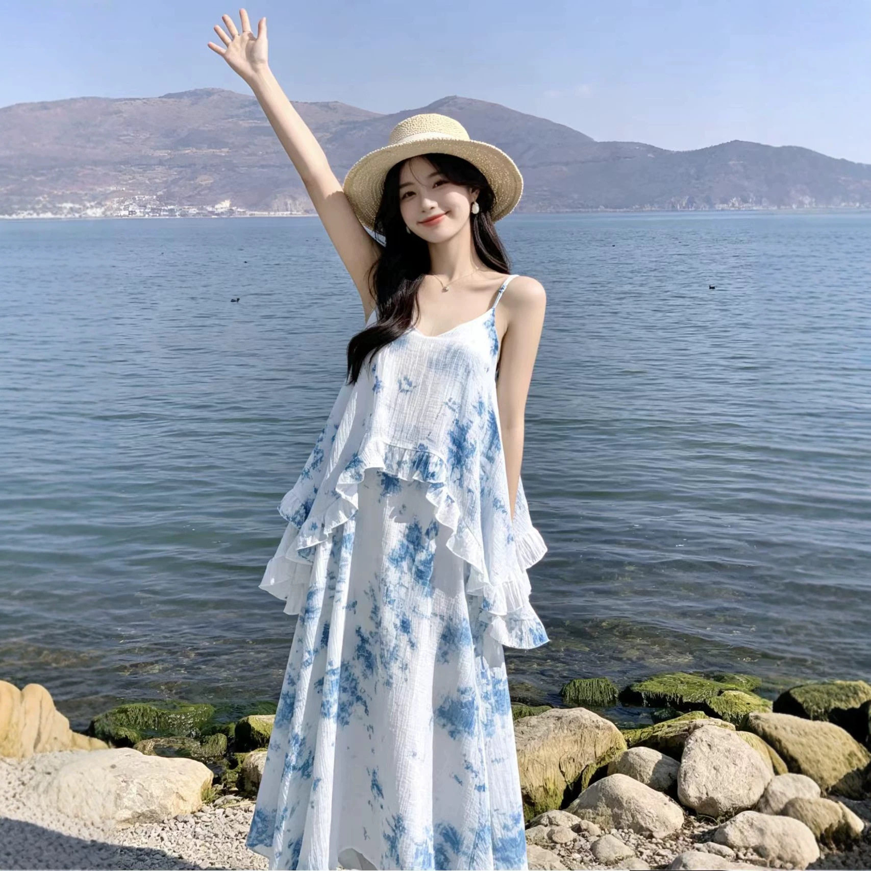 云南大理扎染吊带连衣裙海边度假风荷叶边露背长裙丽江旅拍沙滩裙