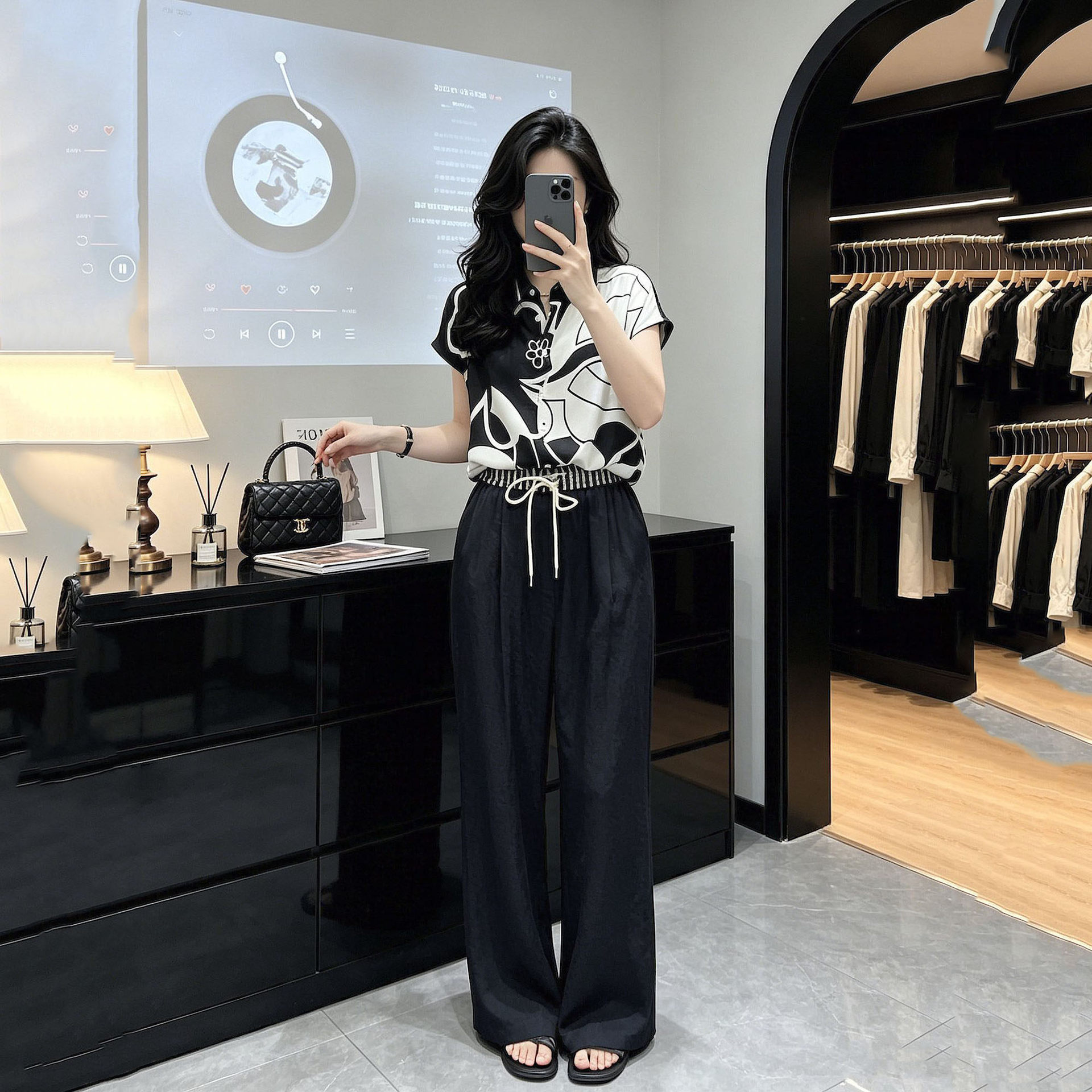 夏季新款时尚印花短袖阔腿裤两件套女装春夏款休闲显瘦运动套装女