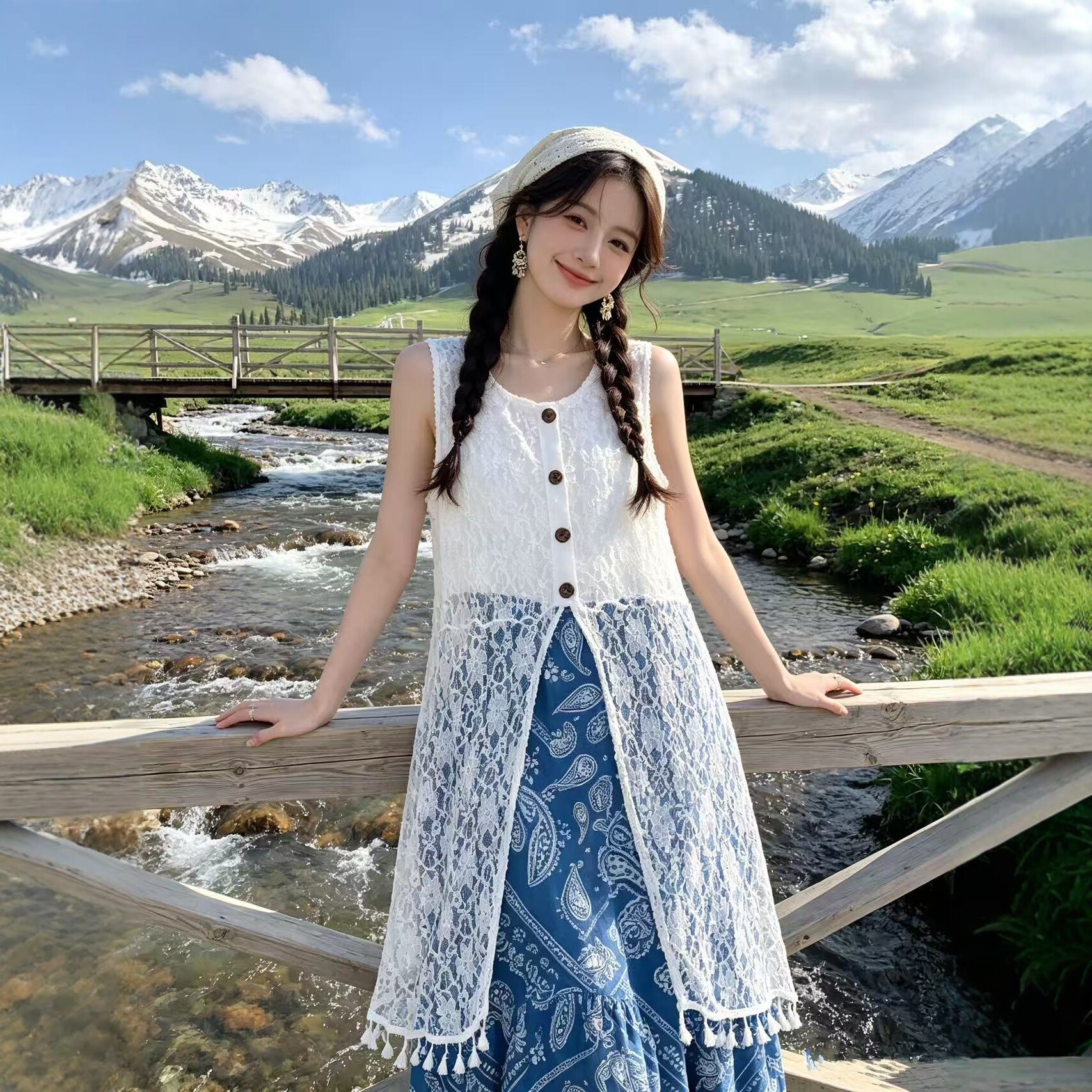 波西米亚民族风镂空蕾丝连衣裙夏季新款新疆旅游长裙女假两件连衣