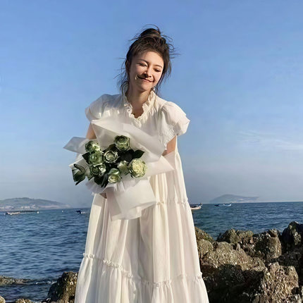 法式甜美飞飞袖木耳边连衣裙女2025新款夏季宽松遮肉公主裙连衣裙