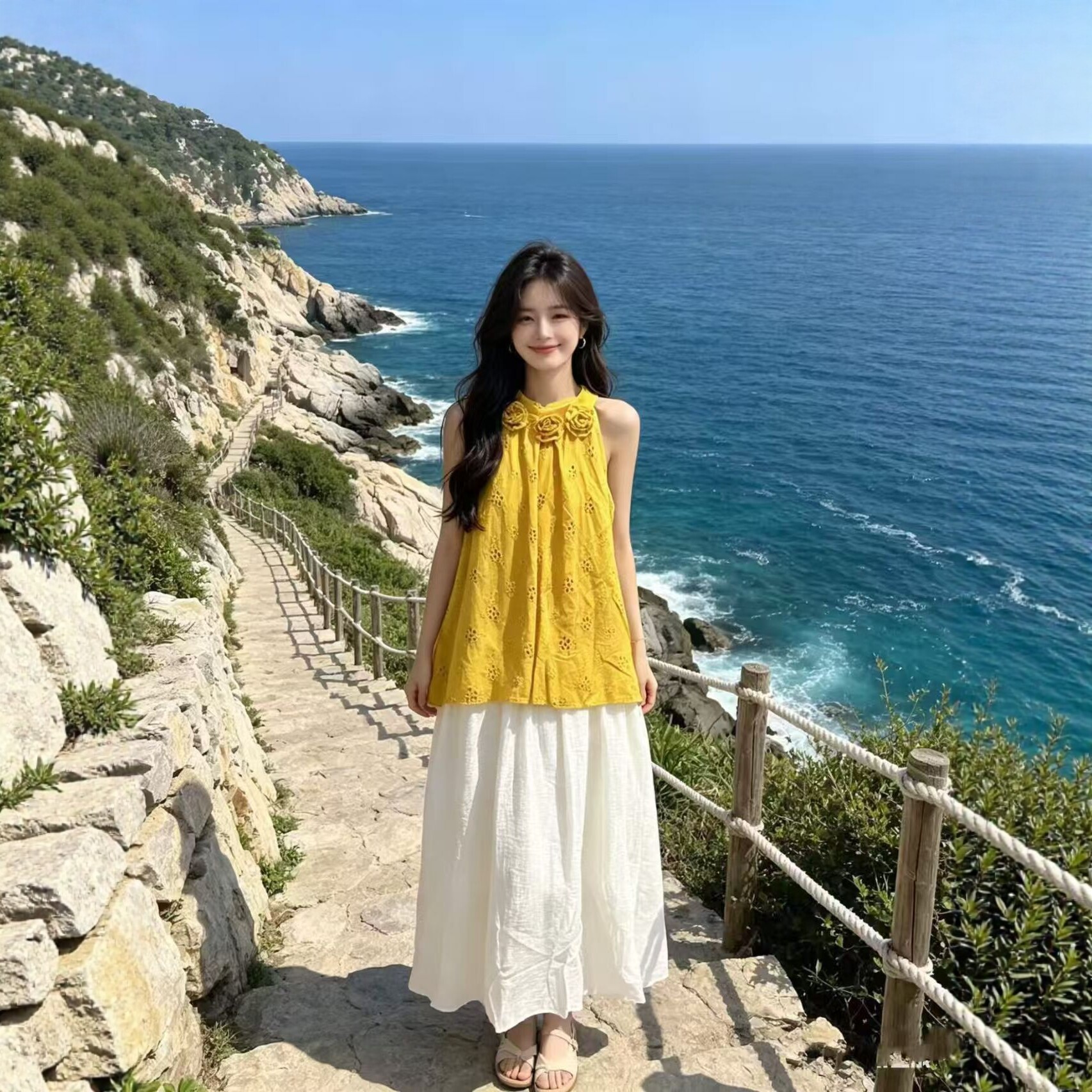 海边度假风镂空刺绣吊带连衣裙女夏季无袖宽松长裙文艺气质穿搭