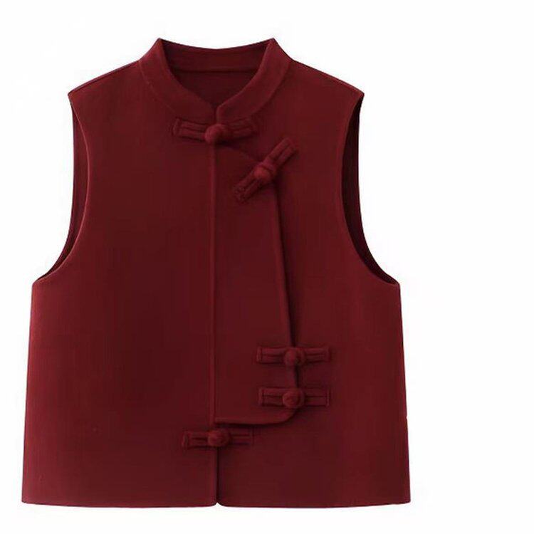 新中式国风穿搭一整套装女冬季轻奢感过年红盘扣圆领无袖马甲