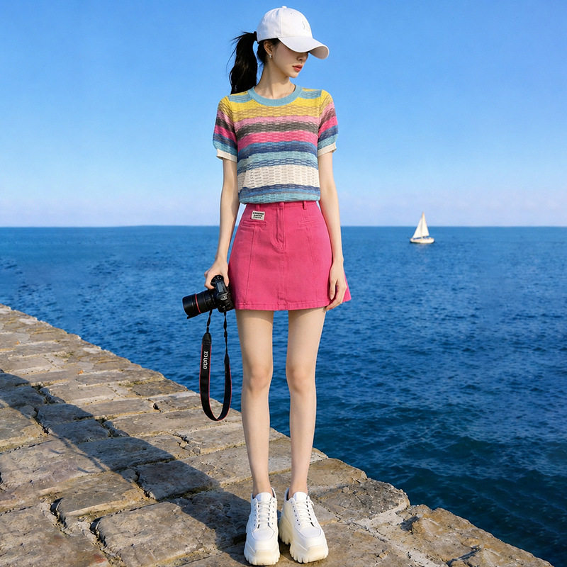 夏季新款薄款条纹针织衫上衣女时尚百搭设计感炸街小众牛仔裙套装