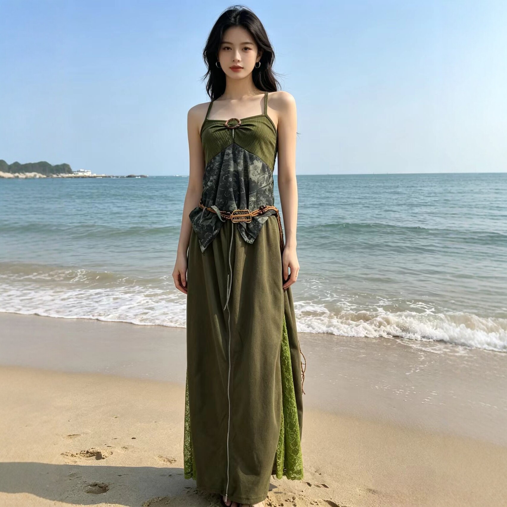 挂脖吊带上衣半身裙套装女夏新款海边度假长裙感气质裙子
