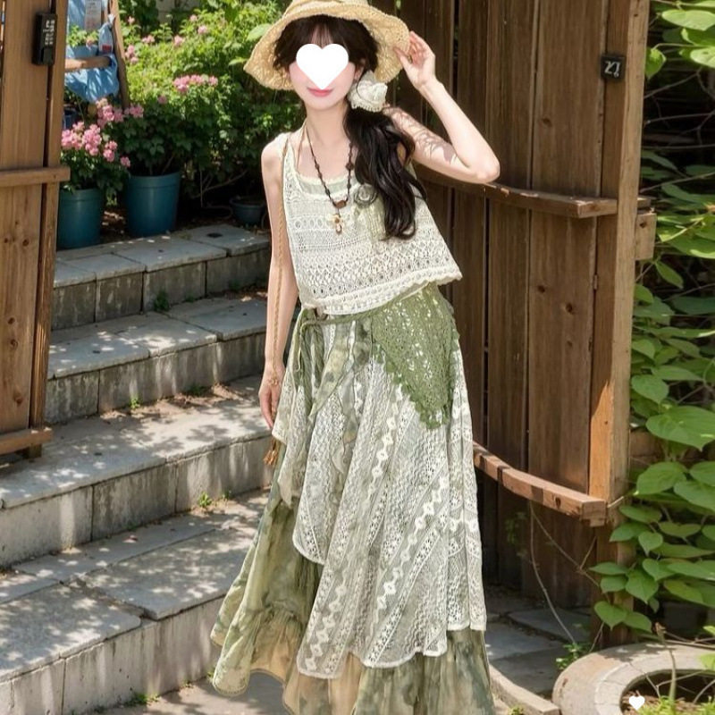 度假风森女裙子套装不规则波西米亚风连衣裙森系裙子绿色民族风女