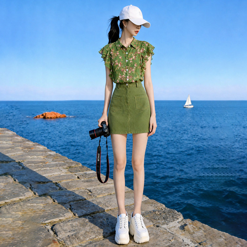 甜美风时尚休闲套装女新款设计感宽松短袖碎花上衣牛仔短裙两件套