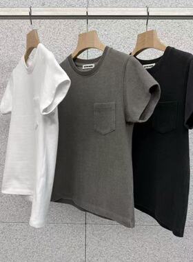 韩国东大门2026春季新品AT THE BAGEL简约纯色圆领带口袋短袖T恤