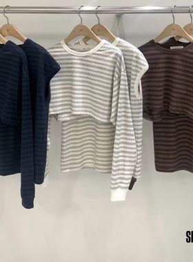 韩国东大门2025秋冬新款SELECT MARKET条纹百搭圆领二件套T恤上衣