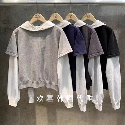 韩国东大门2025秋季新品GVR/RAWOO设计感个性连帽拼接休闲卫衣