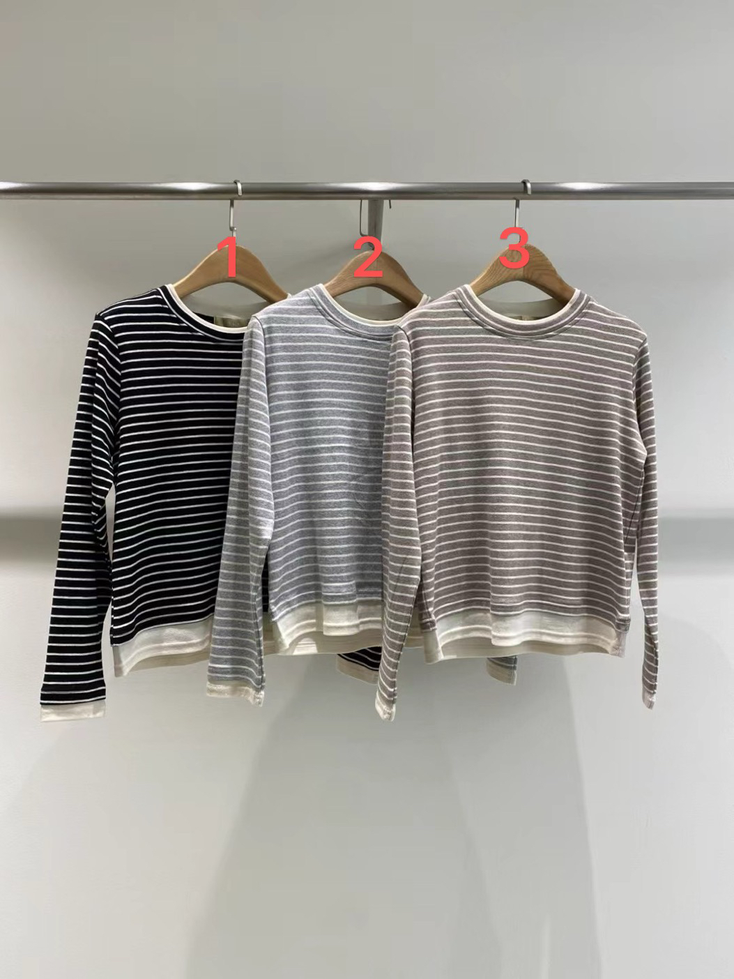 韩国东大门代购2025春新款 1968纯色圆领条纹假二件T恤女