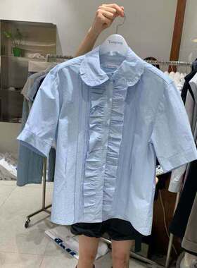 韩国东大门2026夏季新品 TEMPTING 娃娃领甜美纯色褶皱短袖衬衫
