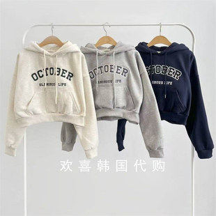 韩国东大门2025冬季新品sienne简约百搭英文字母短款连帽加绒卫衣