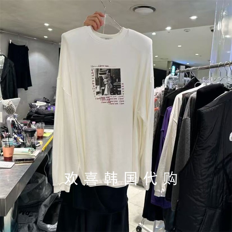 韩国东大门2025冬季新品hertz百搭创意印花宽松圆领长袖垫肩T恤