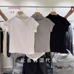 韩国东大门2025秋季新品AVECNOUS简约甜美波点高领短袖休闲上衣