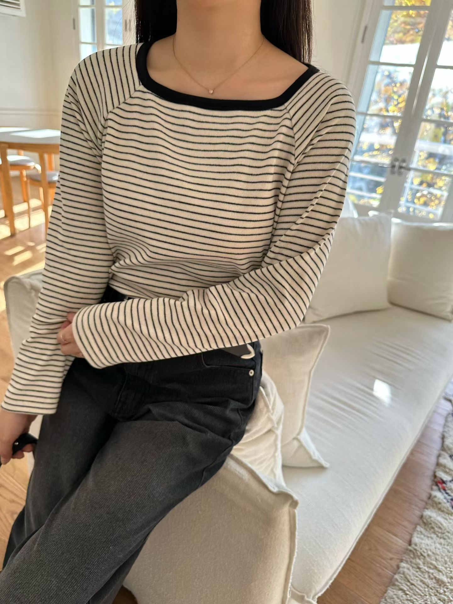 韩国东大门2025冬季新款2nd GATE时尚百搭条纹拼色长袖T恤