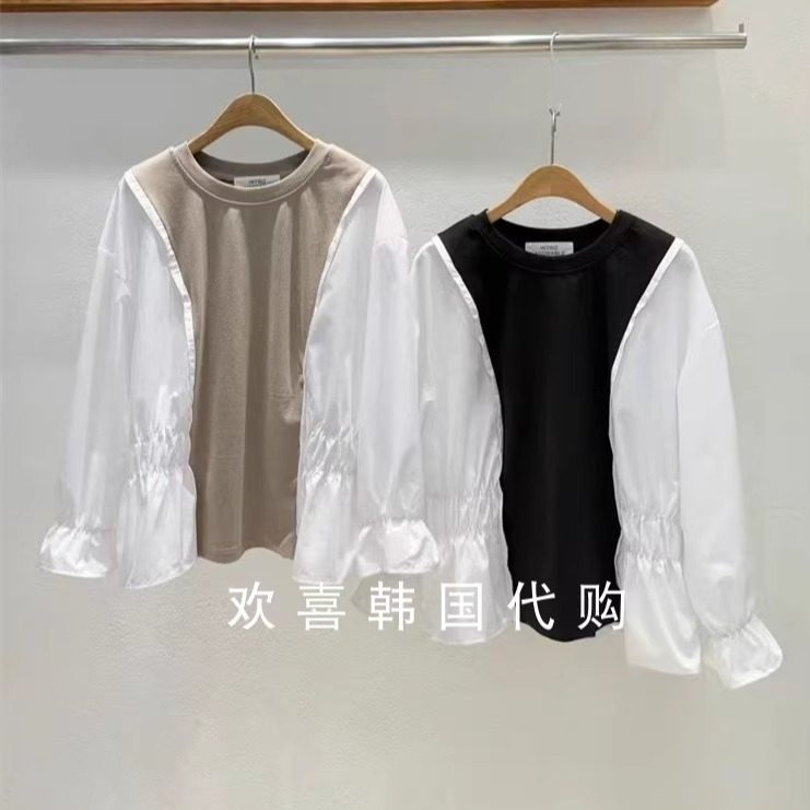 韩国东大门2025秋季新品INTRO设计感个性休闲拼接宽松长袖上衣