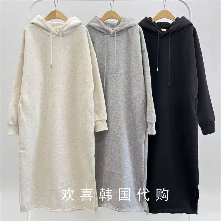 韩国东大门2025秋季新品sienne简约休闲连帽两侧开叉长款连衣裙