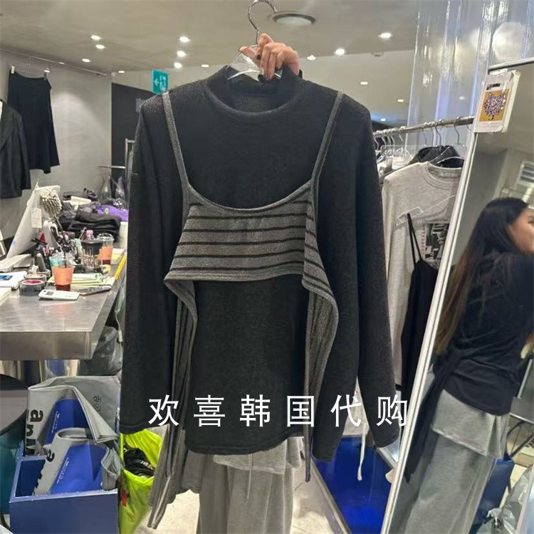 韩国东大门2025冬季新品hertz设计感个性百搭条纹背心假两件上衣