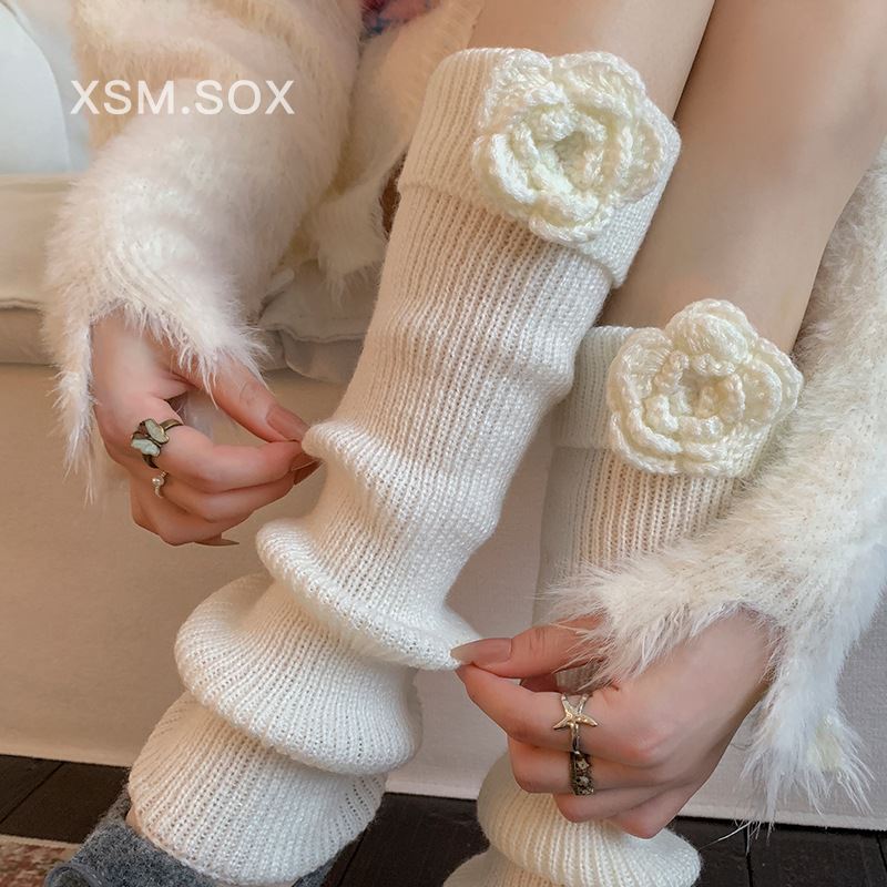 白色针织袜套女秋冬保暖堆堆腿套翻边玫瑰花雪地靴子加厚长筒袜子