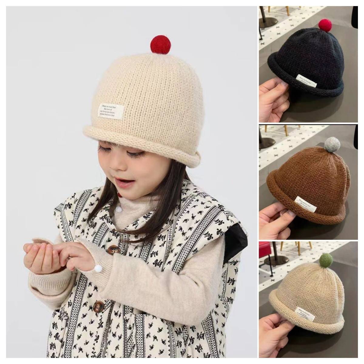 儿童帽子秋冬新款防风防寒保暖加绒男女童韩版洋气卷边针织瓜皮帽