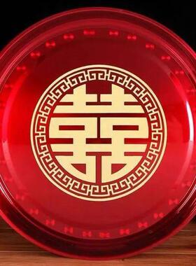 不锈钢新娘敬茶盘糖果盘婚庆用品结婚果盘茶盘红色圆形中式红喜盘