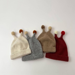 婴儿帽子可爱彩球触角针织毛线帽男女宝宝秋冬保暖防寒套头帽冷帽