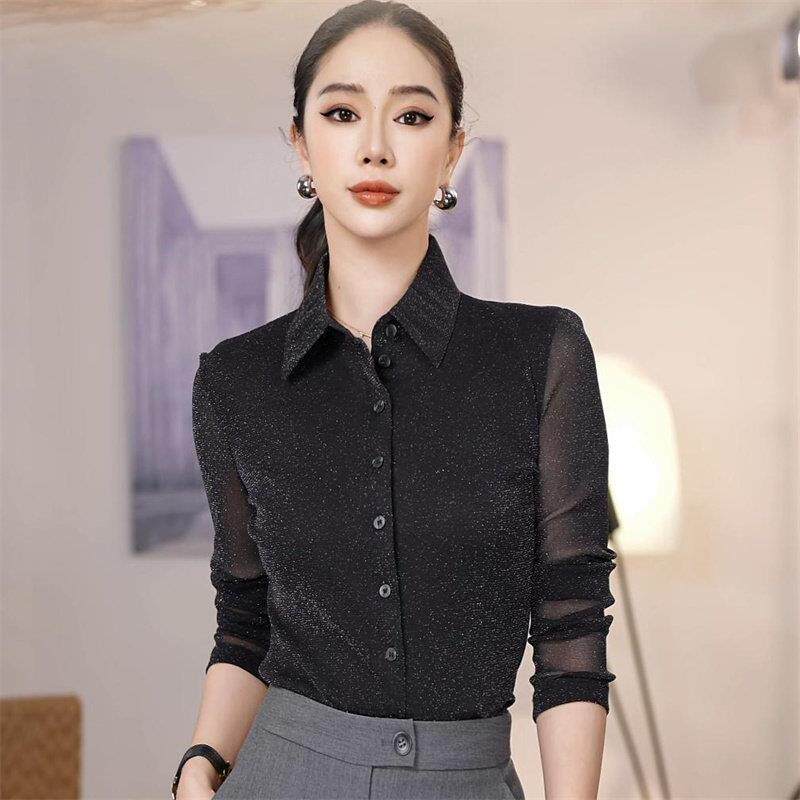 阿玛施女装正品2026春新款修身显瘦弹力网纱长袖衬衫上衣1300782