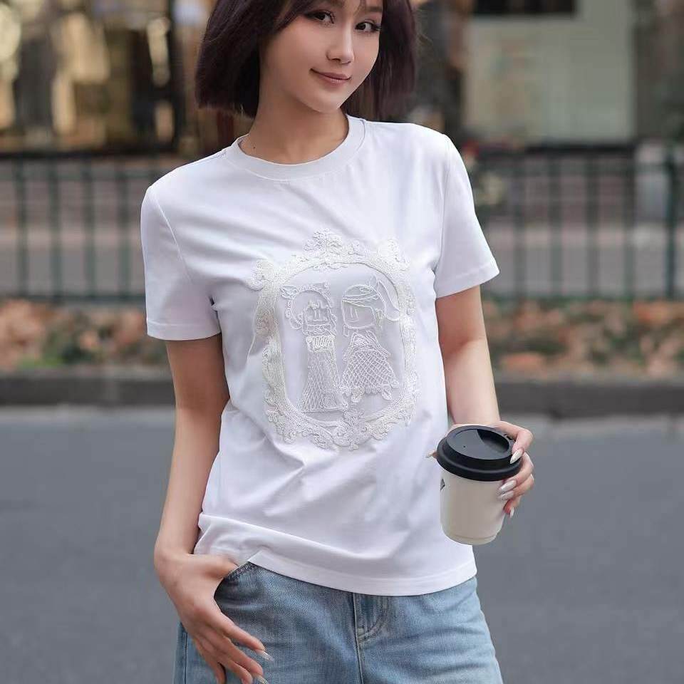 阿玛施女装正品2026夏装新款卡通趣味绣花时尚白色短袖T恤530082